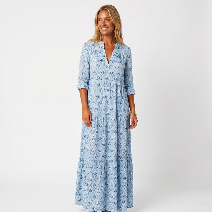 Printed Maxi Dress - V Neck Tiered Long Sleeve Boho Summer Dress