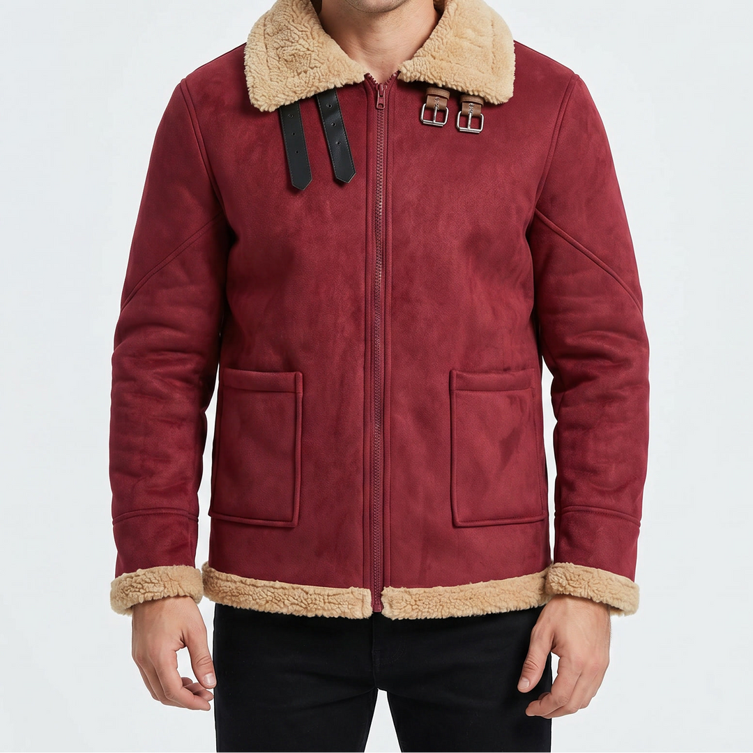 Men's Shearling Jacket Faux Fur Collar Zip-Up Winter Coat