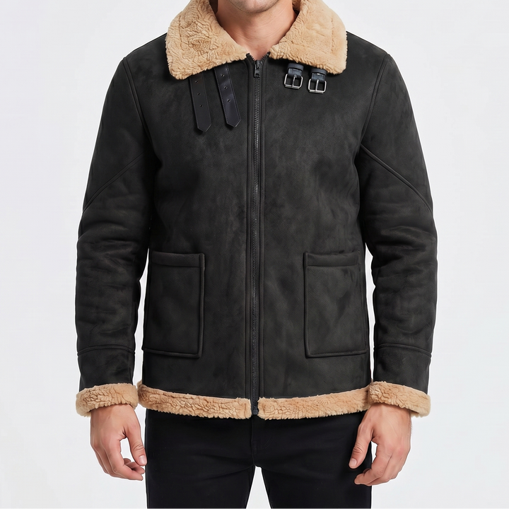 Men's Shearling Jacket Faux Fur Collar Zip-Up Winter Coat
