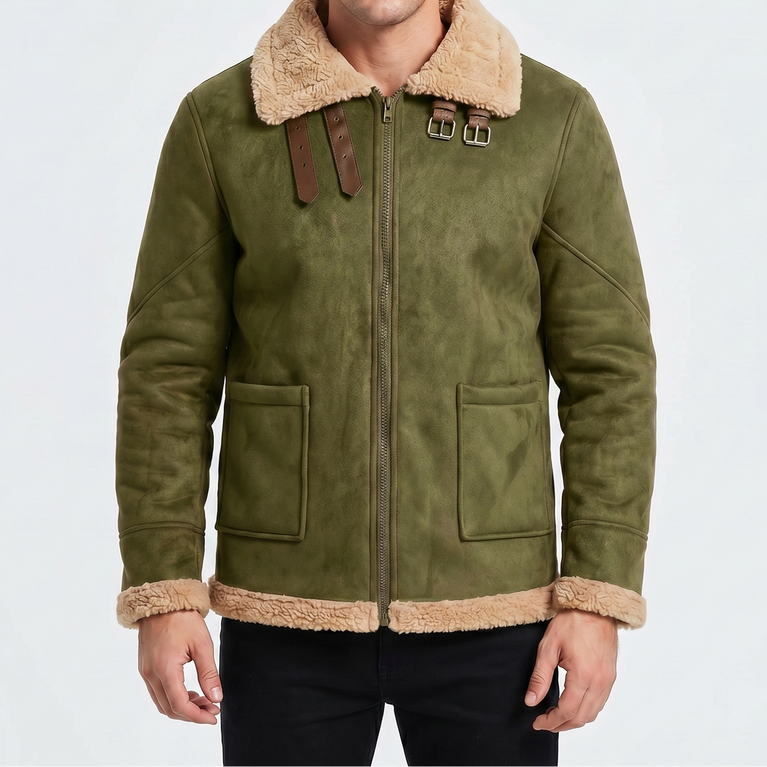 Men's Shearling Jacket Faux Fur Collar Zip-Up Winter Coat
