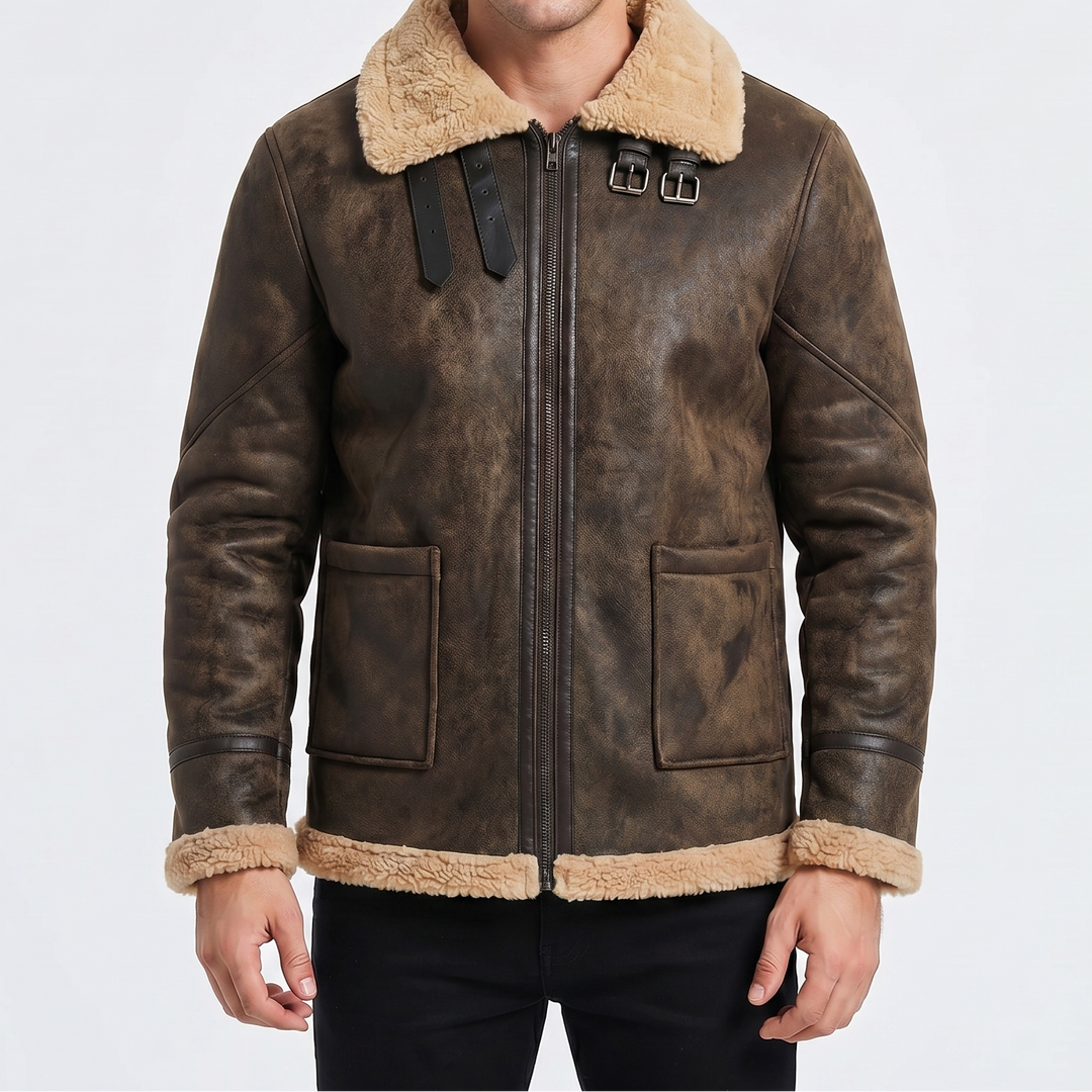 Men's Shearling Jacket Faux Fur Collar Zip-Up Winter Coat