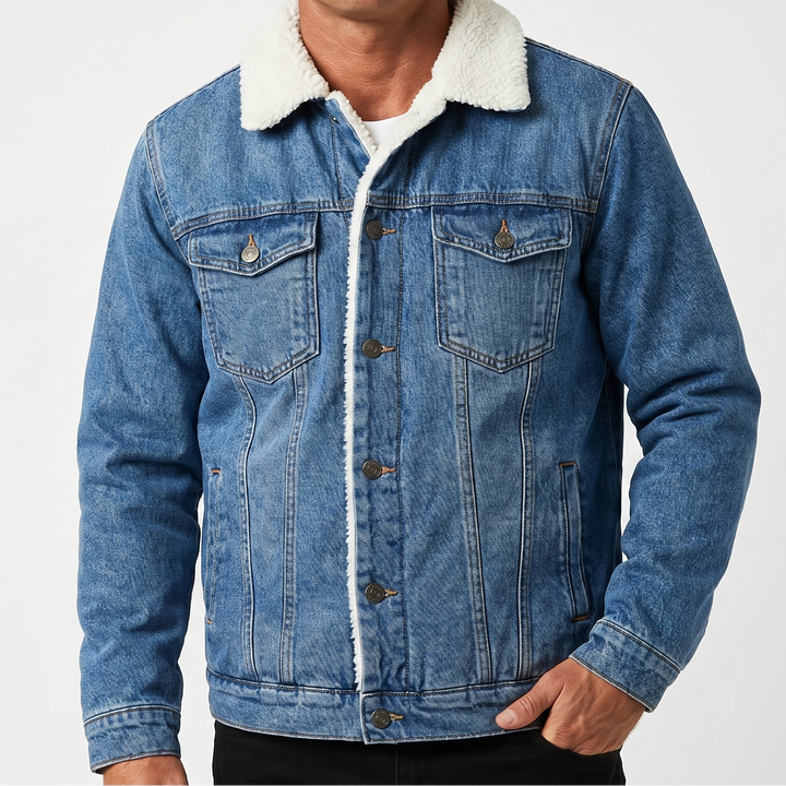 Men's Sherpa Lined Denim Jacket Faux Fur Collar Winter Coat