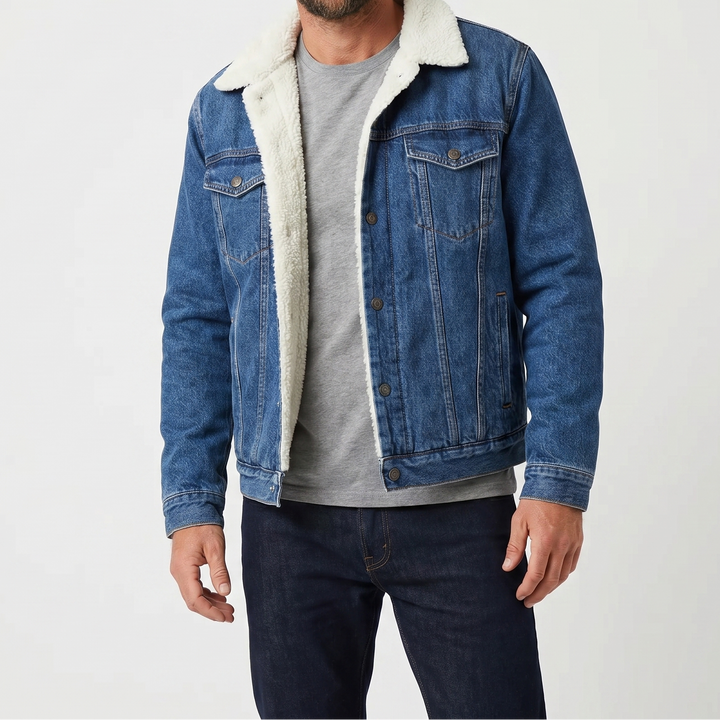 Men's Sherpa Lined Denim Jacket Faux Fur Collar Winter Coat