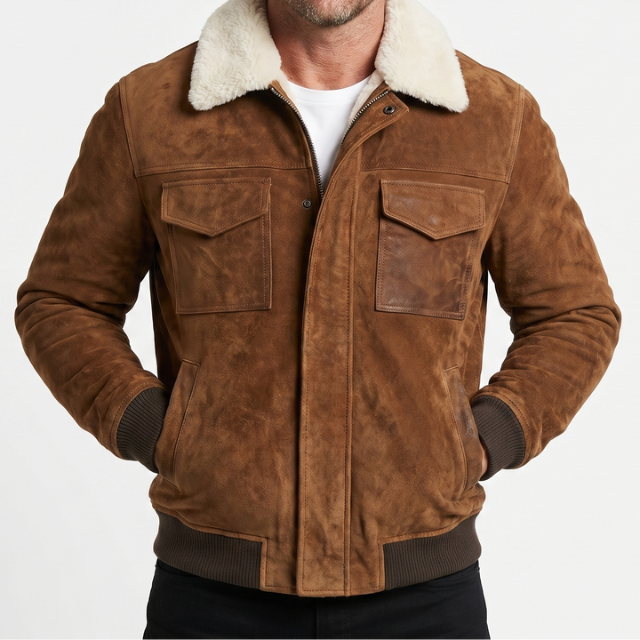 Men's Suede Shearling Jacket Faux Fur Collar Winter Coat