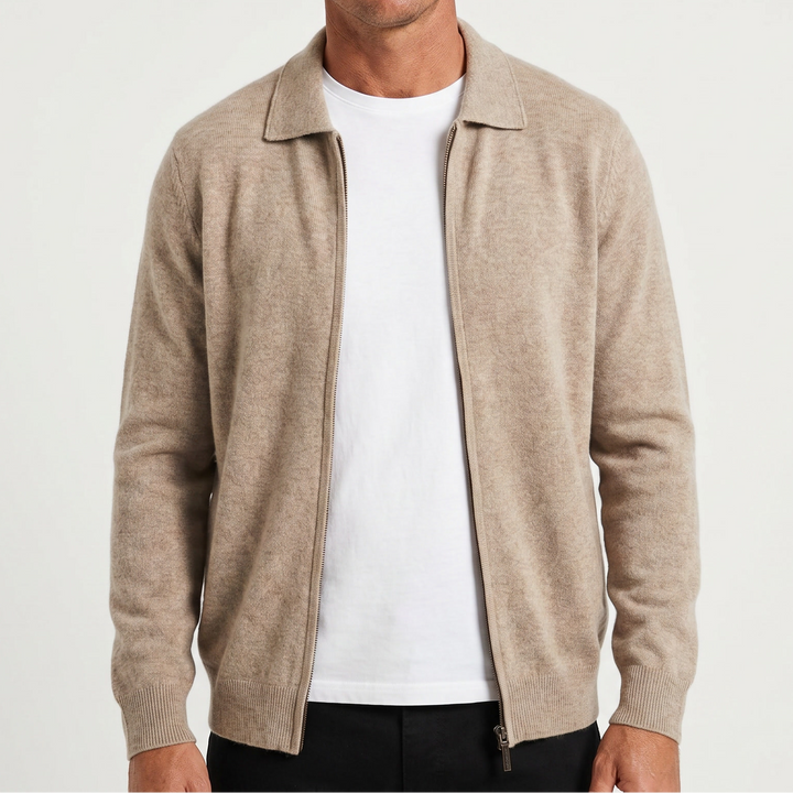 Men's Polo Collar Wool Zip-Up Cardigan