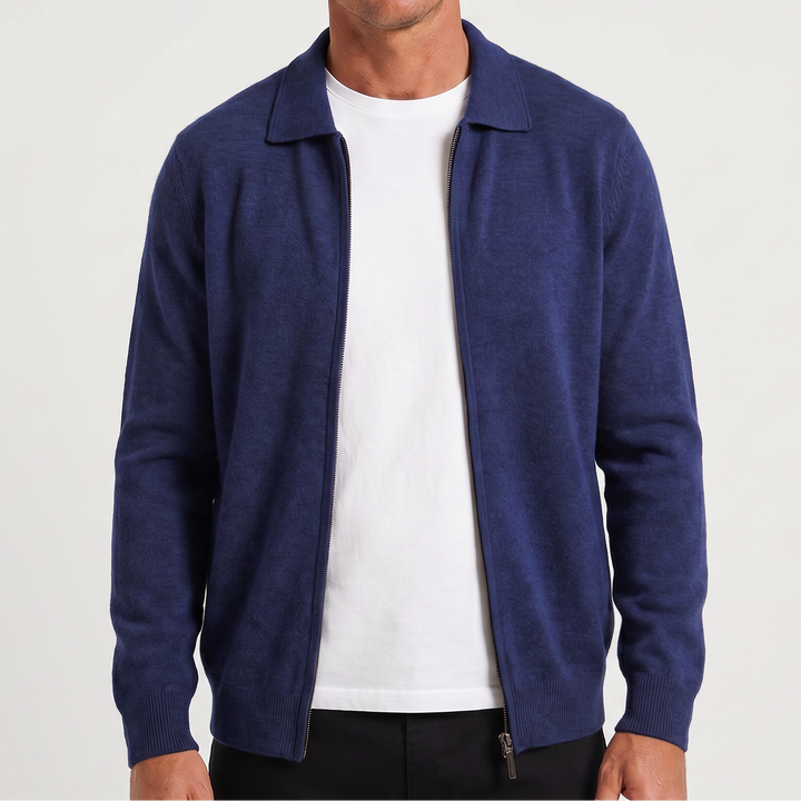 Men's Polo Collar Wool Zip-Up Cardigan