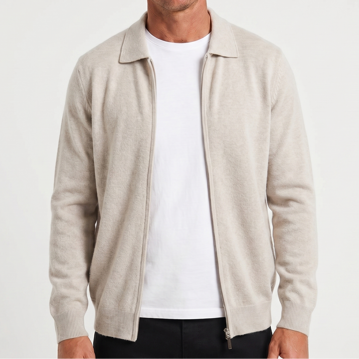 Men's Polo Collar Wool Zip-Up Cardigan