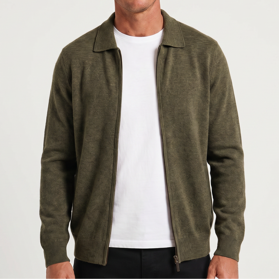 Men's Polo Collar Wool Zip-Up Cardigan