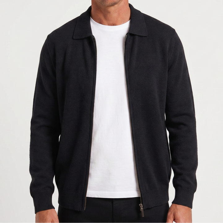 Men's Polo Collar Wool Zip-Up Cardigan