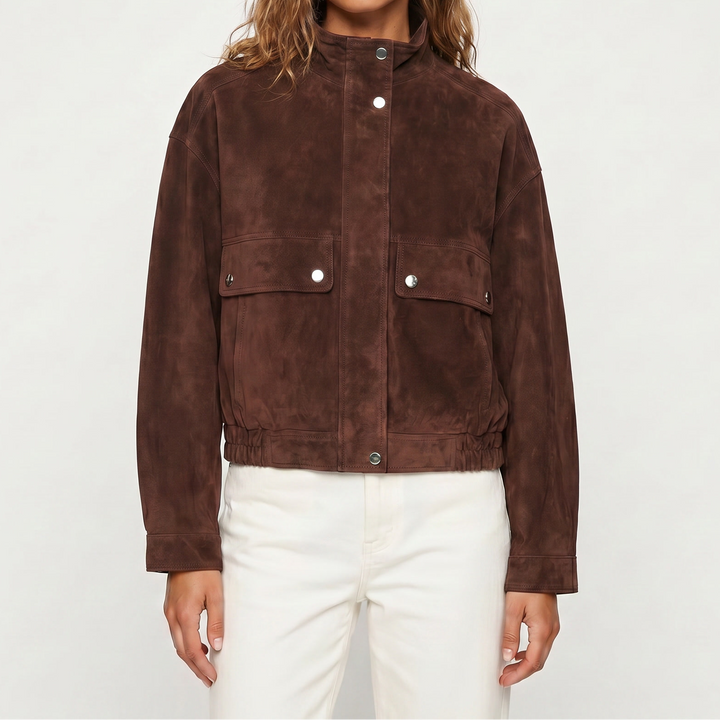 Women's Faux Suede Button Bomber Jacket
