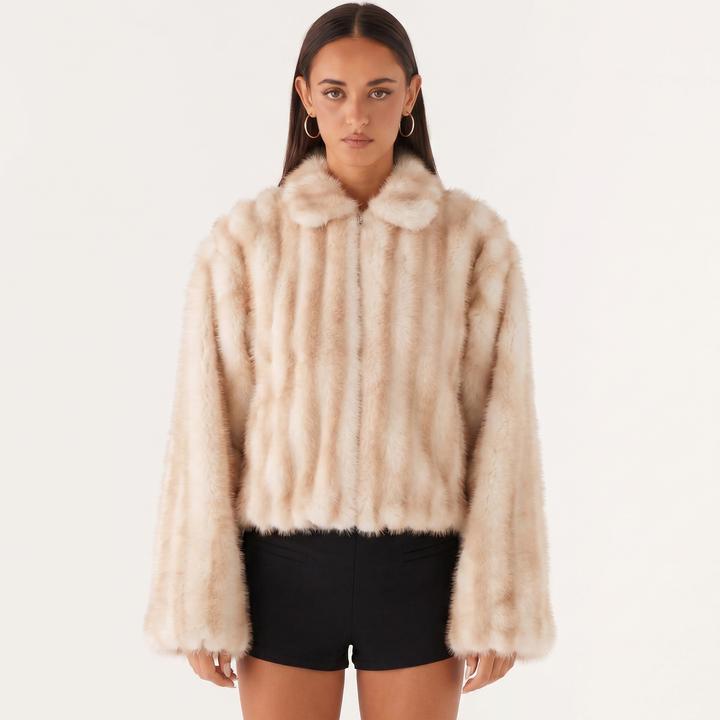 Women's Ribbed Full Zip Cropped Plush Faux Fur Bomber Jacket