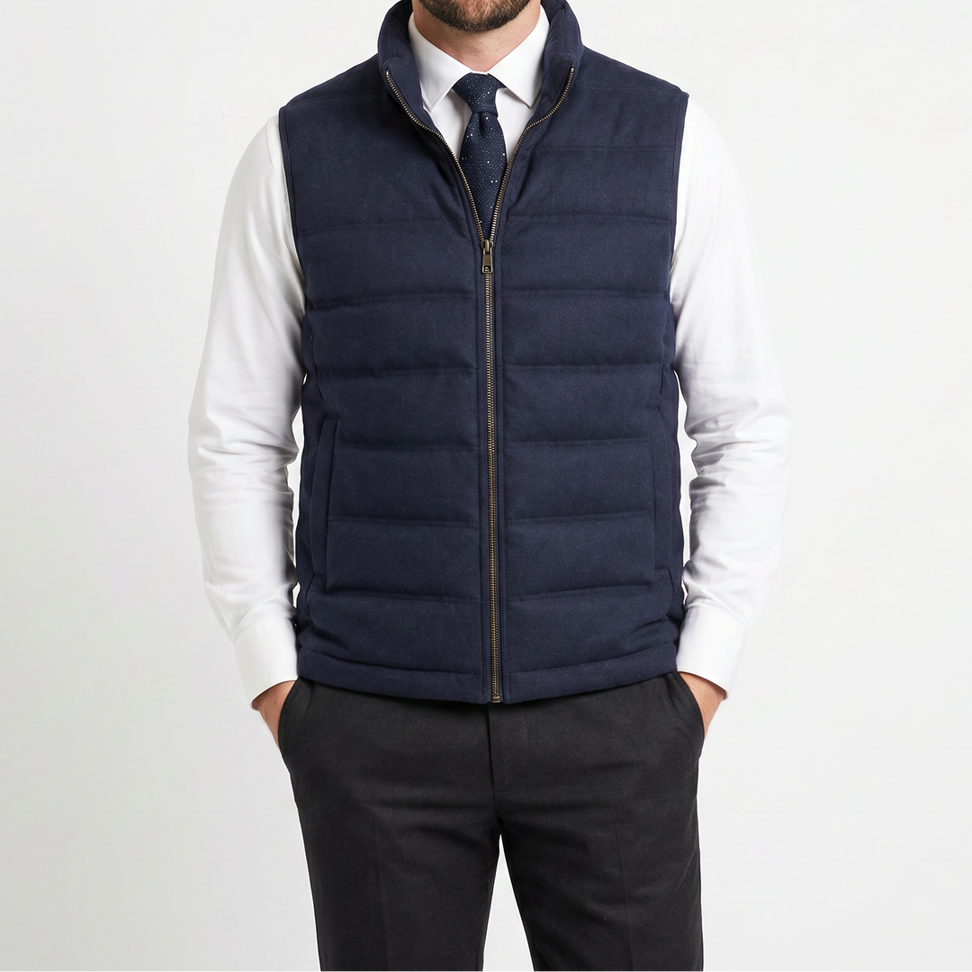 Mens Quilted Vest – Wool-Look Stand Collar Zip Up