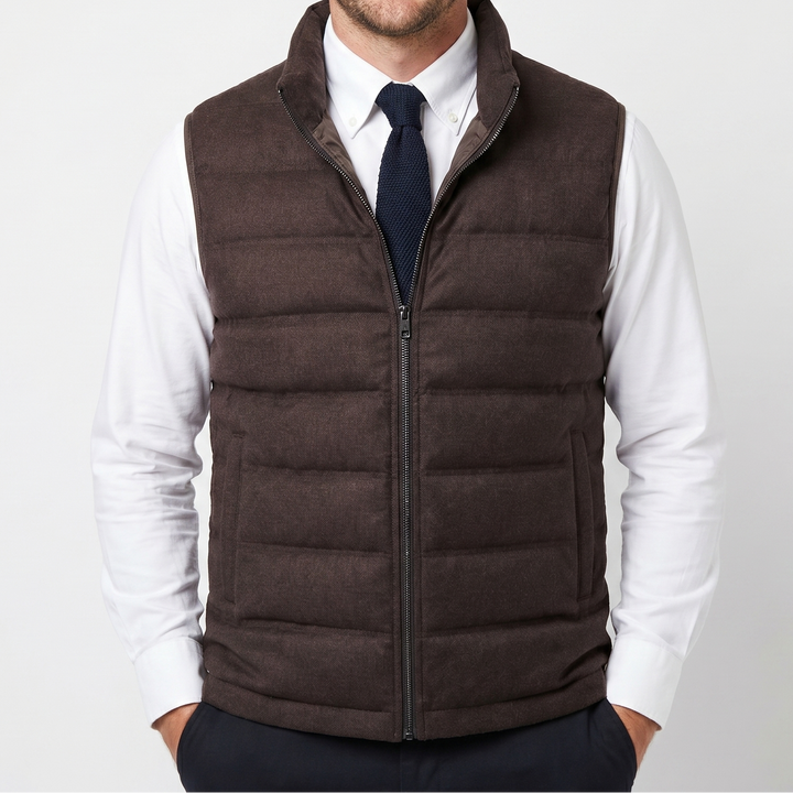 Mens Quilted Vest – Wool-Look Stand Collar Zip Up
