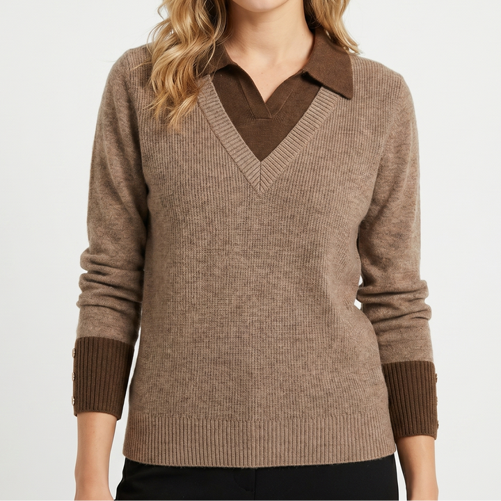 Womens Jumper – V Neck Faux Layered Shirt Collar