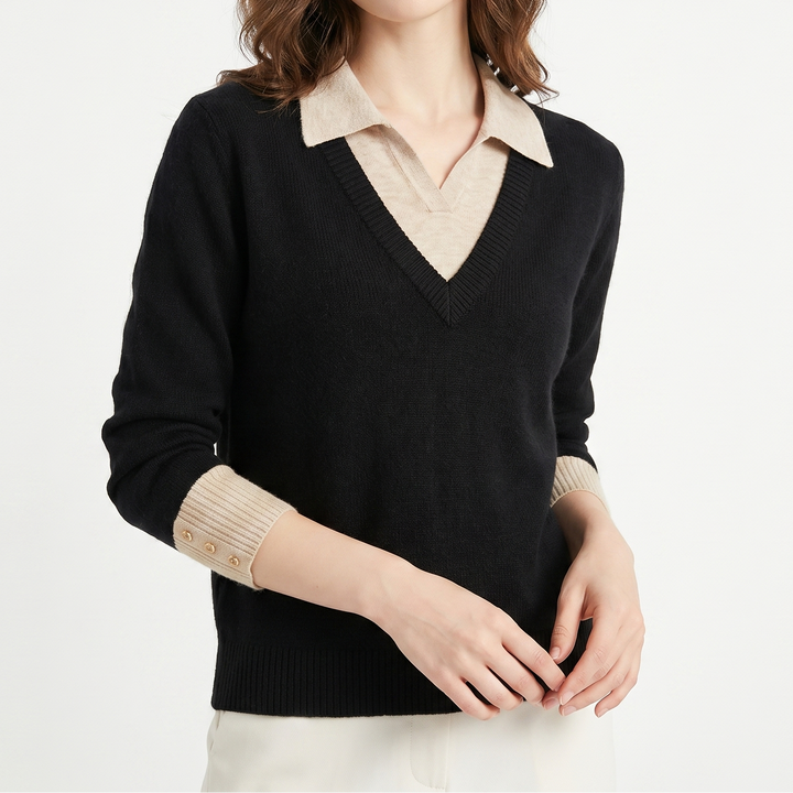Womens Jumper – V Neck Faux Layered Shirt Collar
