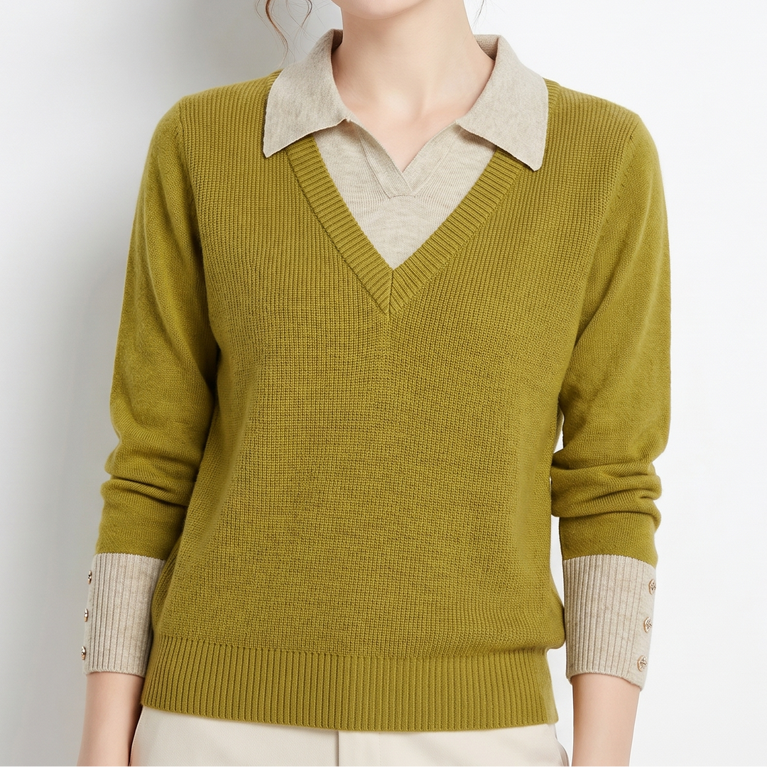 Womens Jumper – V Neck Faux Layered Shirt Collar