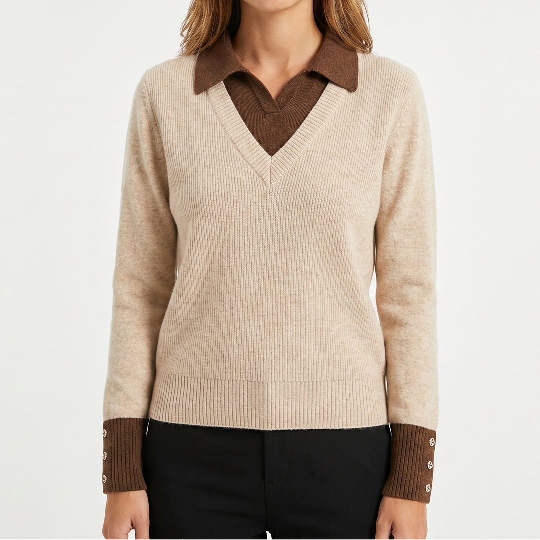 Womens Jumper – V Neck Faux Layered Shirt Collar