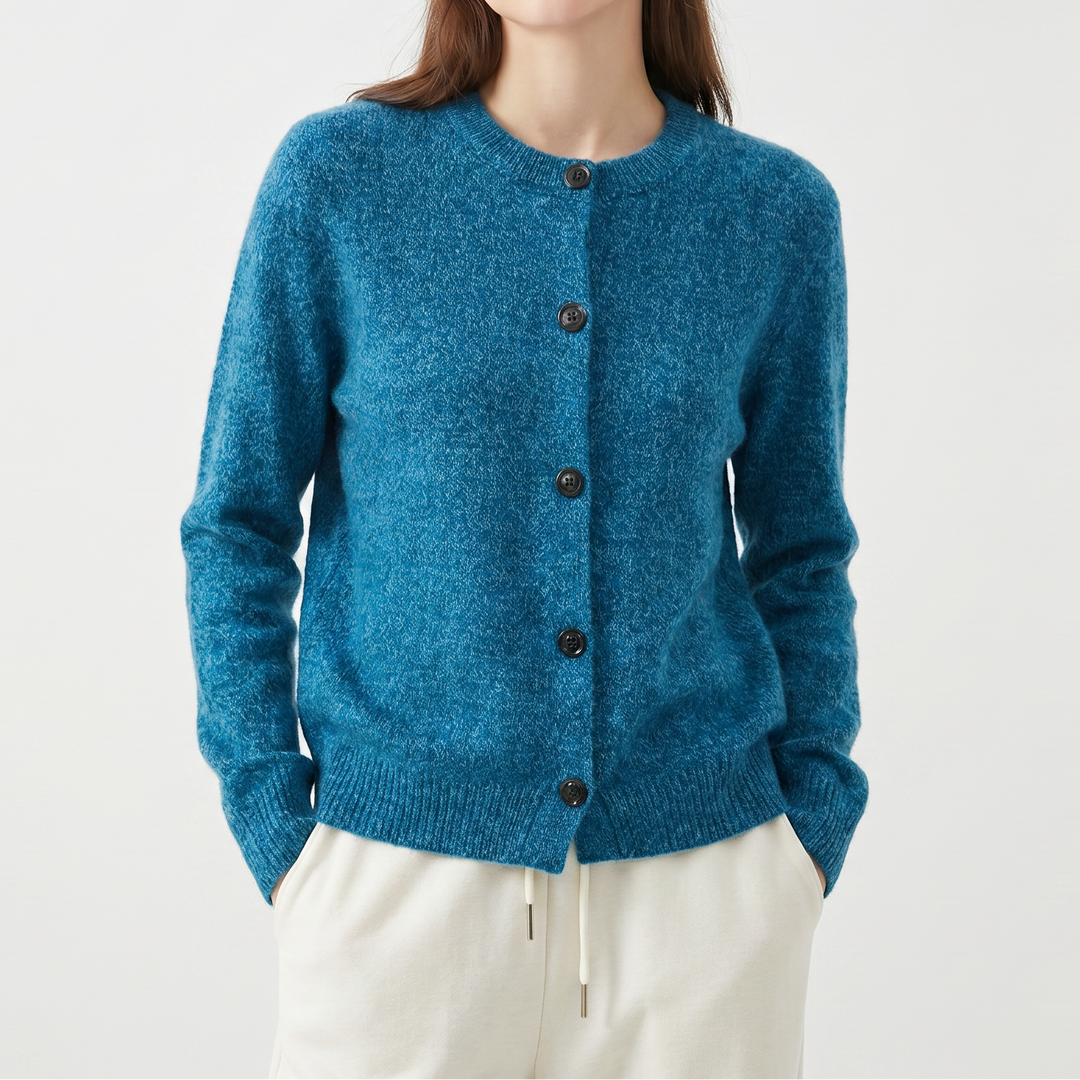 Women's Cardigan – Marl Knit Button-Through Crew Neck