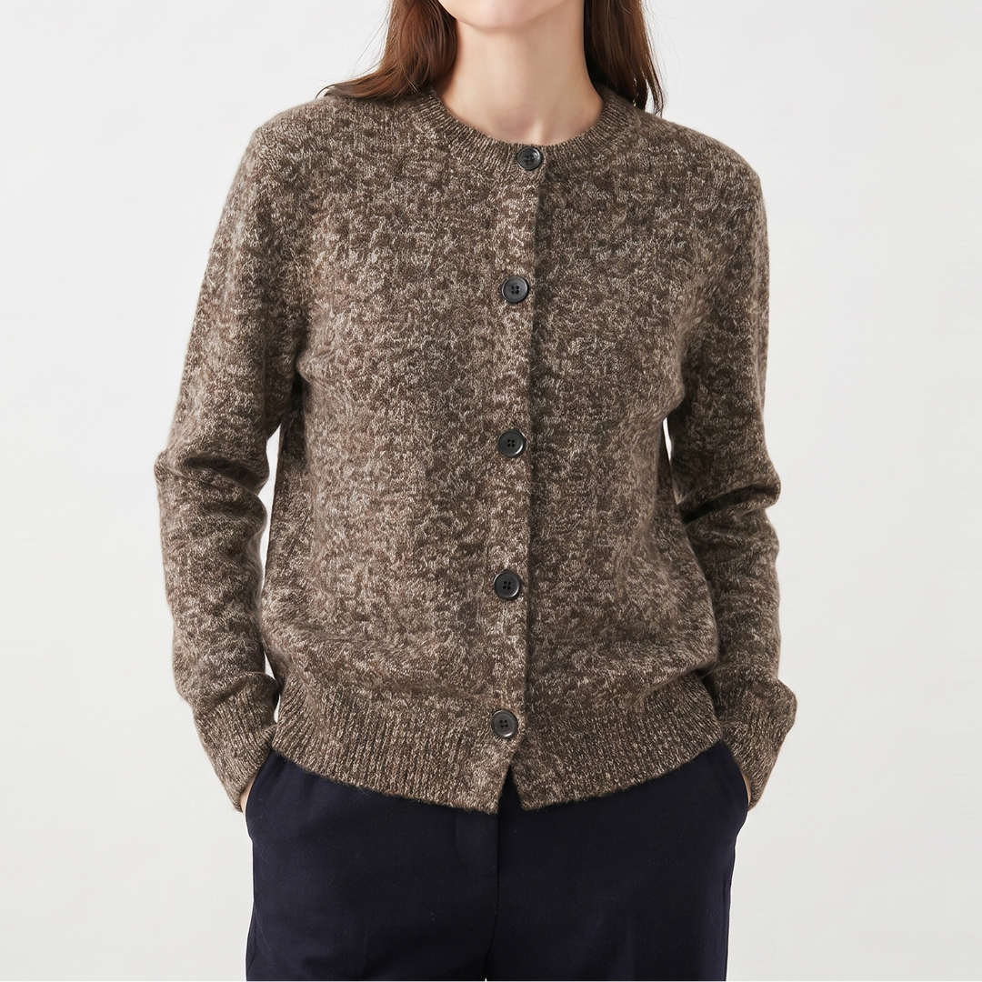 Women's Cardigan – Marl Knit Button-Through Crew Neck