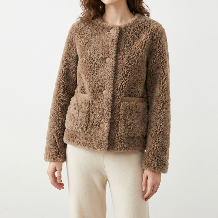 Women's Sherpa Jacket – Cropped Collarless Teddy Patch Pocket