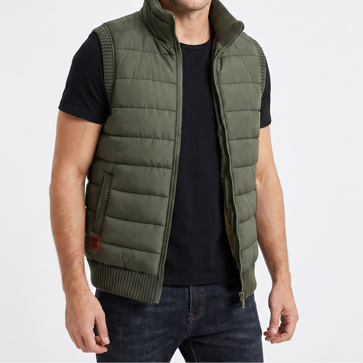 Men's Puffer Vest – Quilted Zip-Up Knit Trim Stand Collar