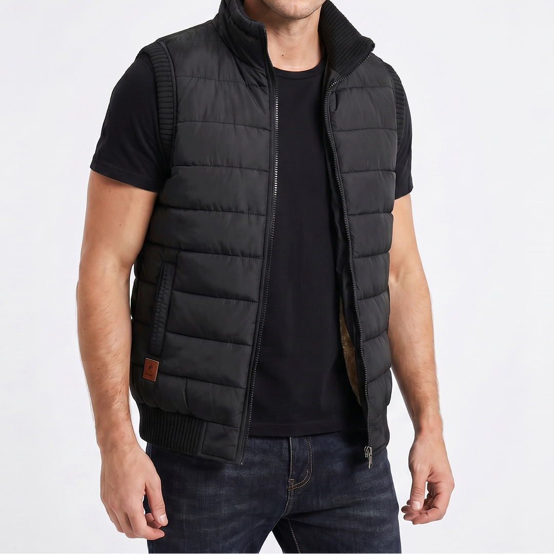 Men's Puffer Vest – Quilted Zip-Up Knit Trim Stand Collar