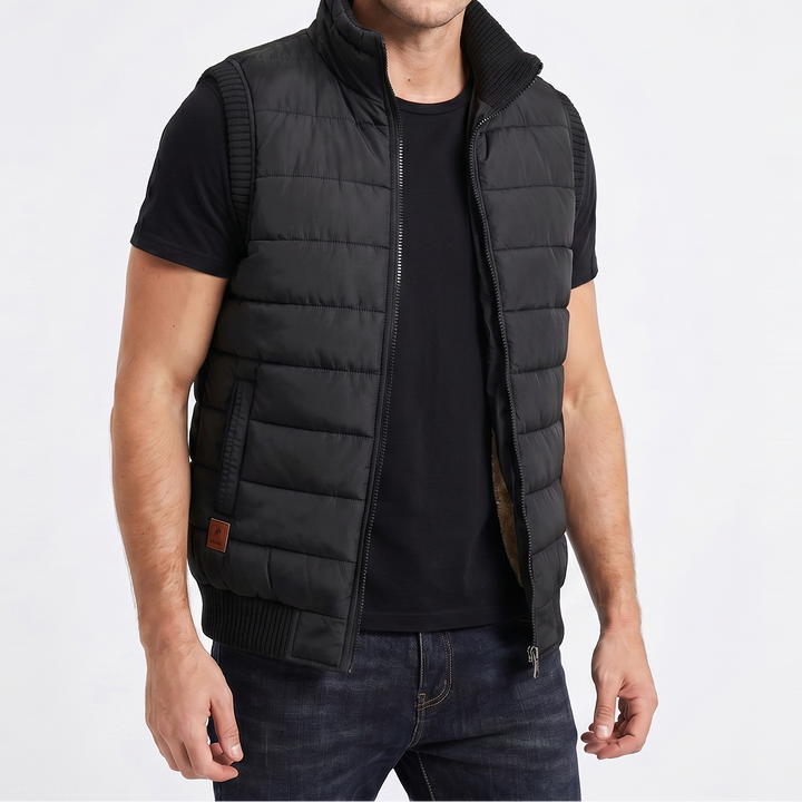 Men's Puffer Vest – Quilted Zip-Up Knit Trim Stand Collar