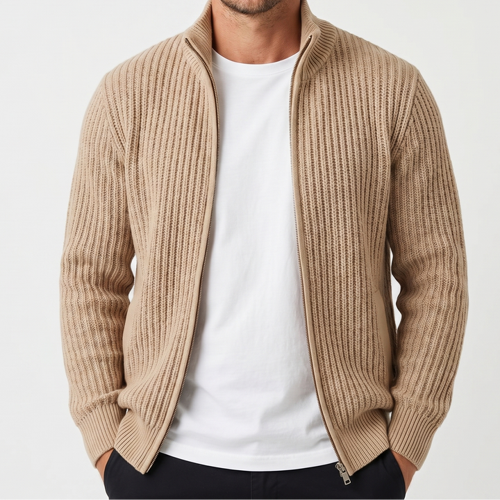 Men's Chunky Cardigan – Ribbed Zip-Up Funnel Neck Knit Jacket