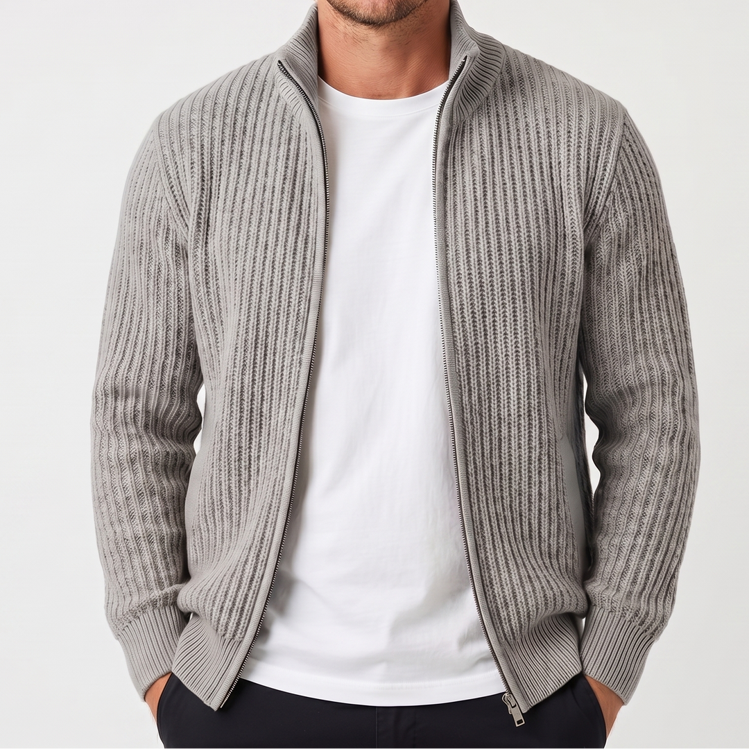 Men's Chunky Cardigan – Ribbed Zip-Up Funnel Neck Knit Jacket