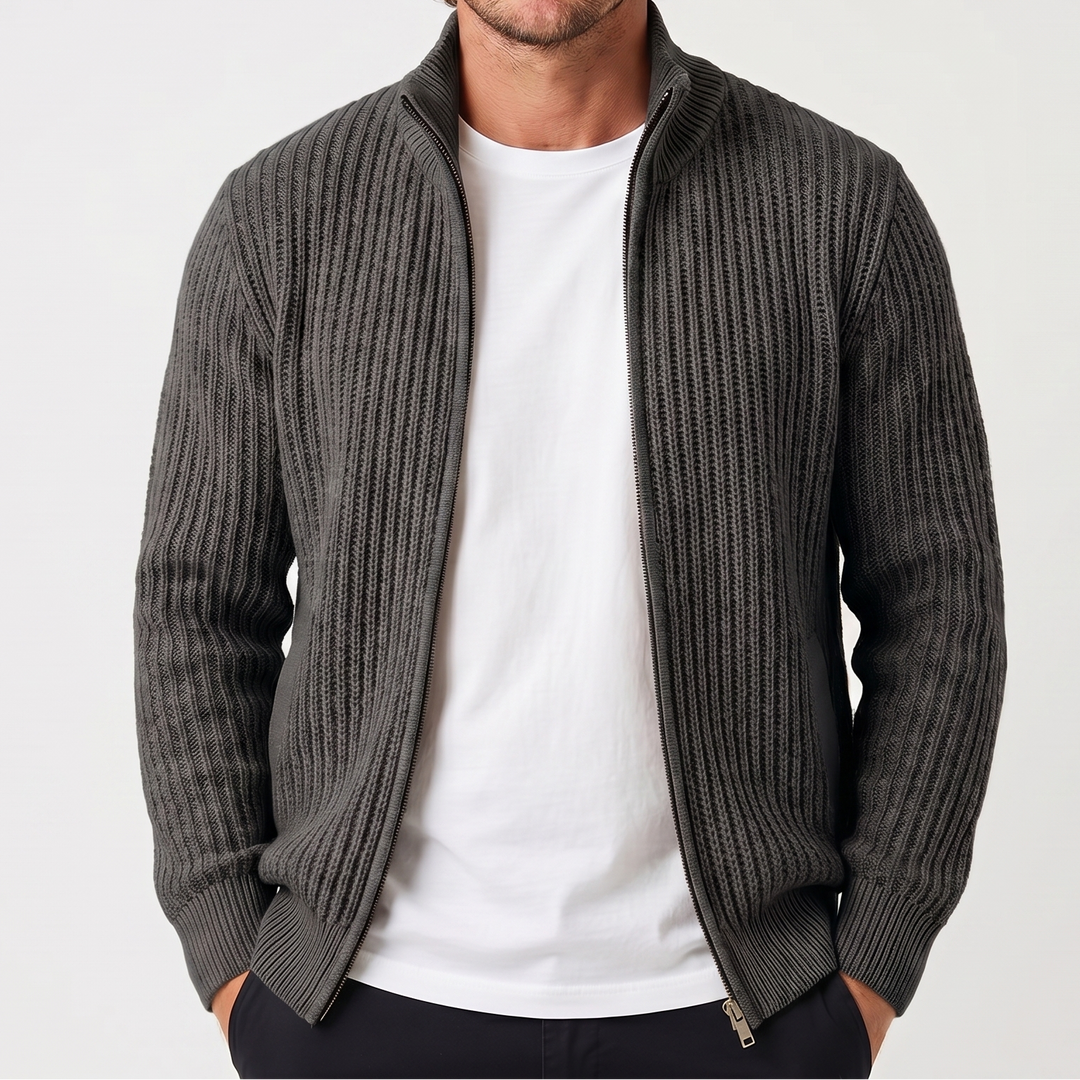 Men's Chunky Cardigan – Ribbed Zip-Up Funnel Neck Knit Jacket