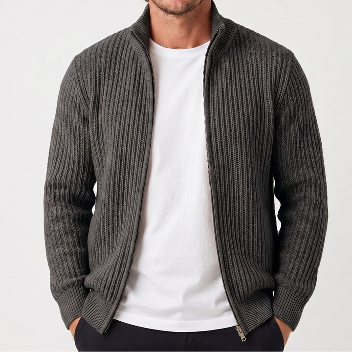 Men's Chunky Cardigan – Ribbed Zip-Up Funnel Neck Knit Jacket