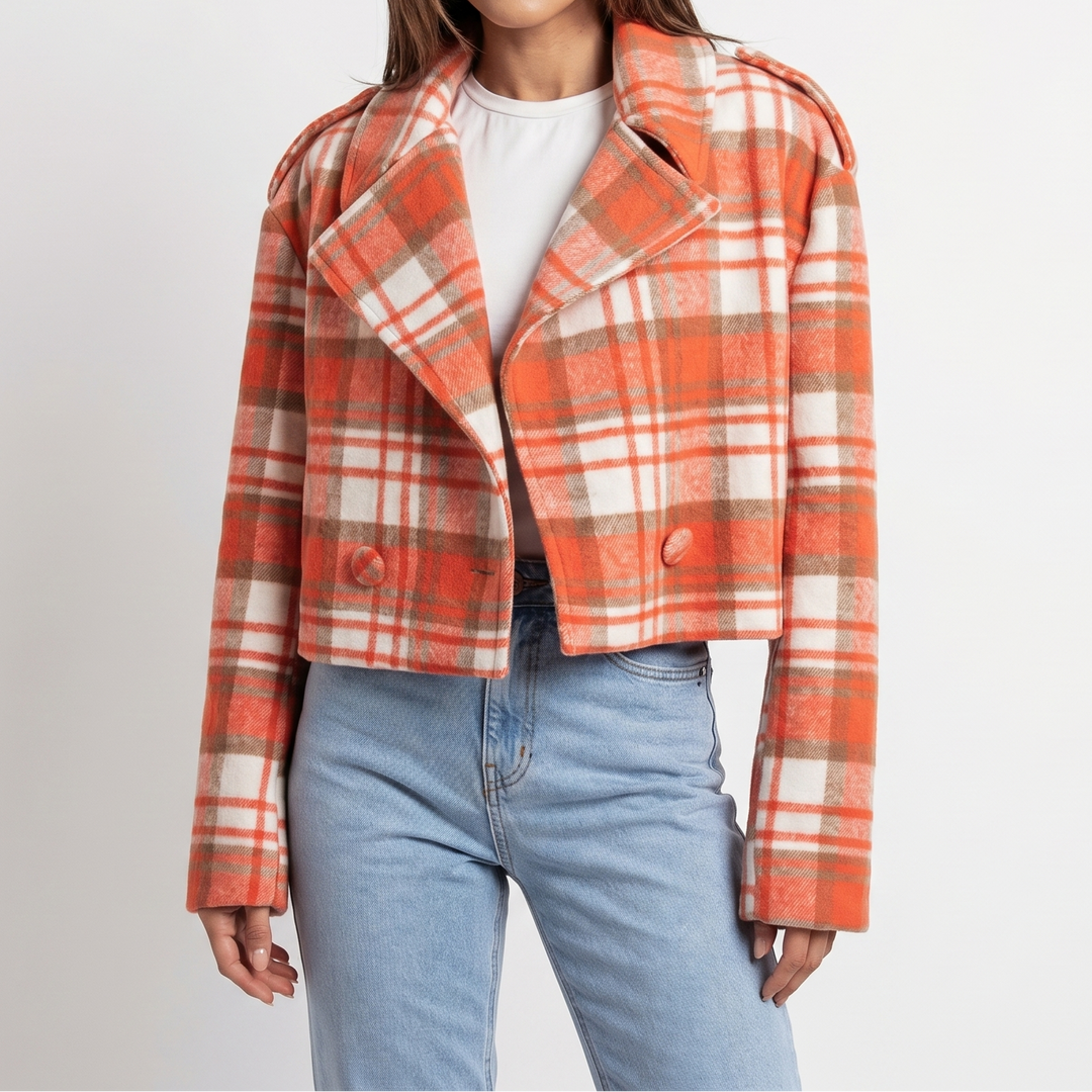 Women's Wool Cropped Jacket – Oversized Check Notch Lapel Boxy