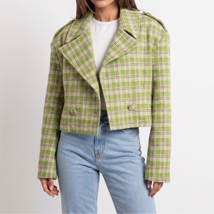 Women's Wool Cropped Jacket – Oversized Check Notch Lapel Boxy