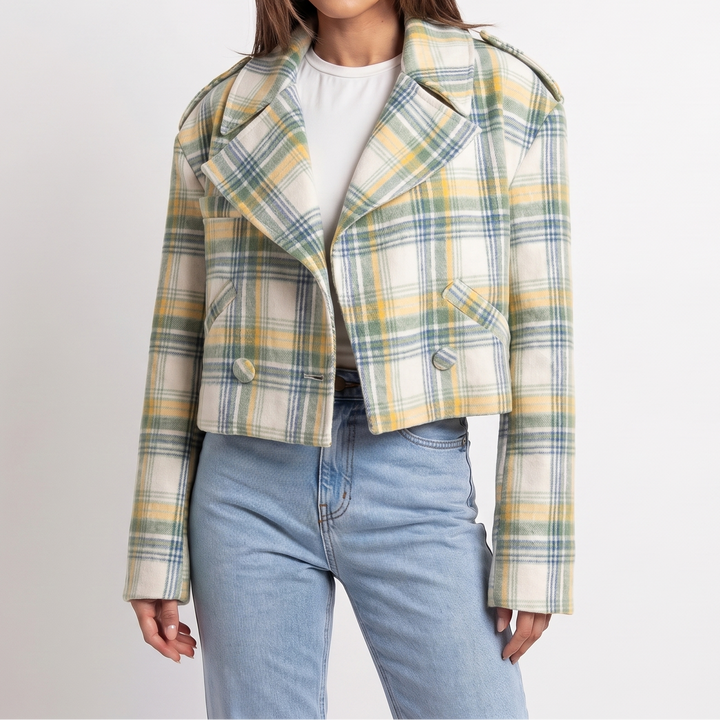 Women's Wool Cropped Jacket – Oversized Check Notch Lapel Boxy