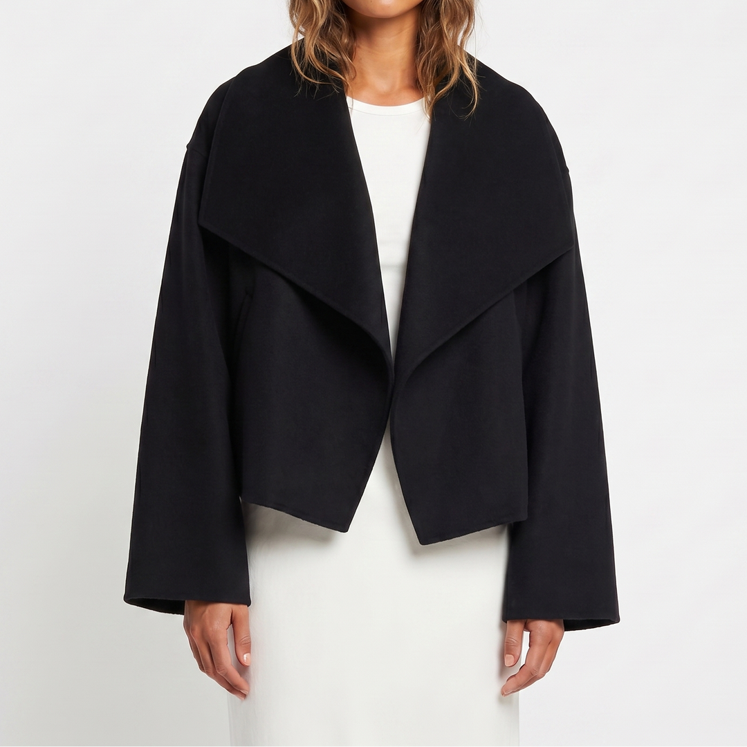 Women's Cropped Coat – Waterfall Lapel Wool-Look Boxy Open Front