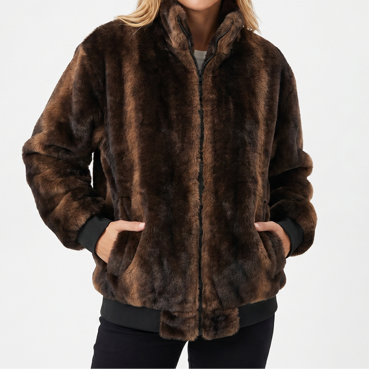 Women's Fur Bomber Jacket – Faux Mink Zip-Up Stand Collar Ribbed Hem