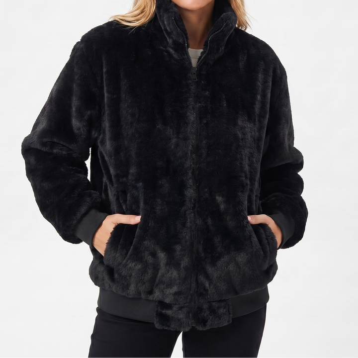 Women's Fur Bomber Jacket – Faux Mink Zip-Up Stand Collar Ribbed Hem