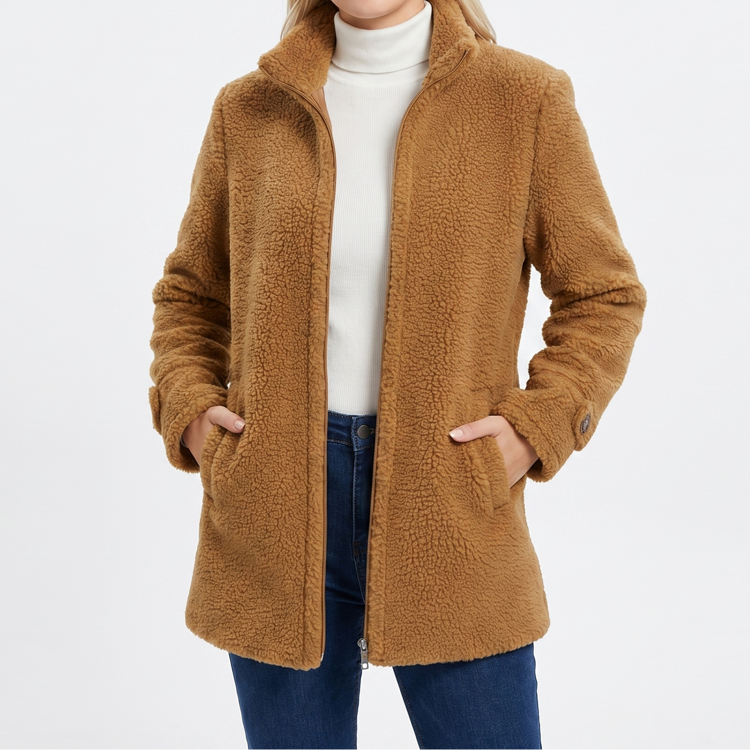 Women's Sherpa Coat – Teddy Bouclé Mid-Length Zip Stand Collar
