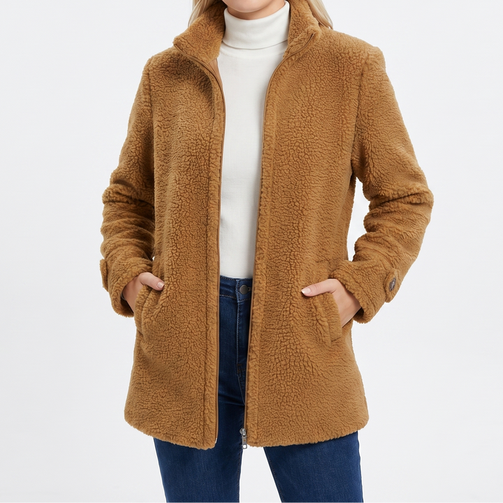 Women's Sherpa Coat – Teddy Bouclé Mid-Length Zip Stand Collar