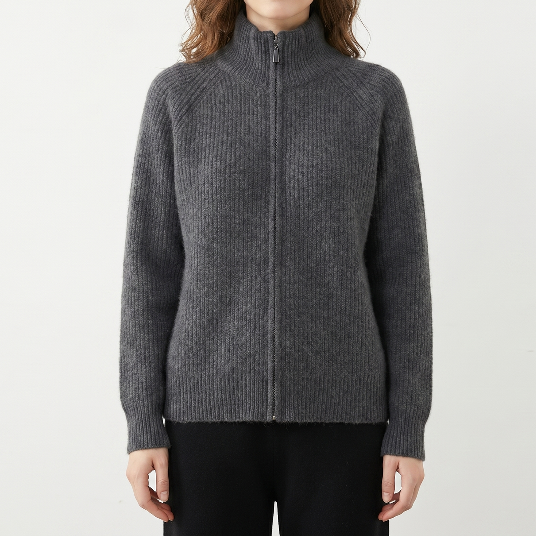 Women's Fluffy Cardigan – Ribbed Zip-Up Funnel Neck Knit Fitted