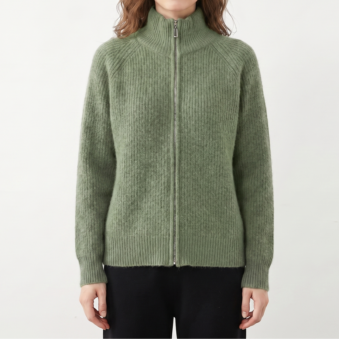 Women's Fluffy Cardigan – Ribbed Zip-Up Funnel Neck Knit Fitted