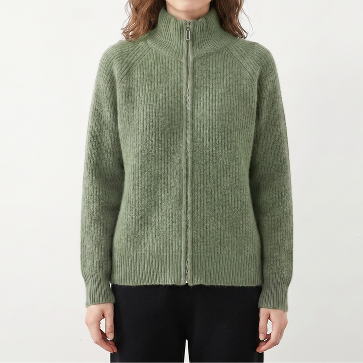 Women's Fluffy Cardigan – Ribbed Zip-Up Funnel Neck Knit Fitted