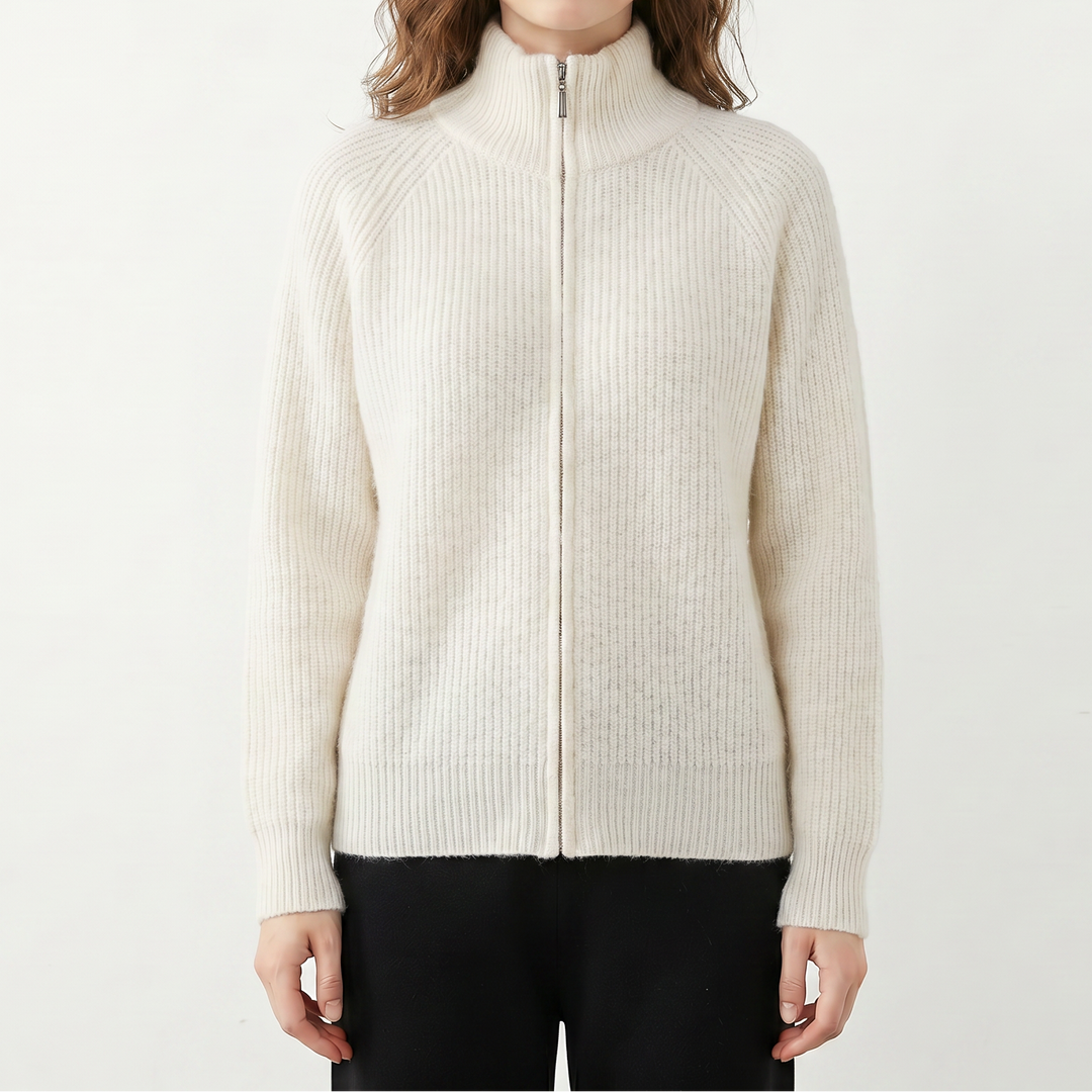 Women's Fluffy Cardigan – Ribbed Zip-Up Funnel Neck Knit Fitted