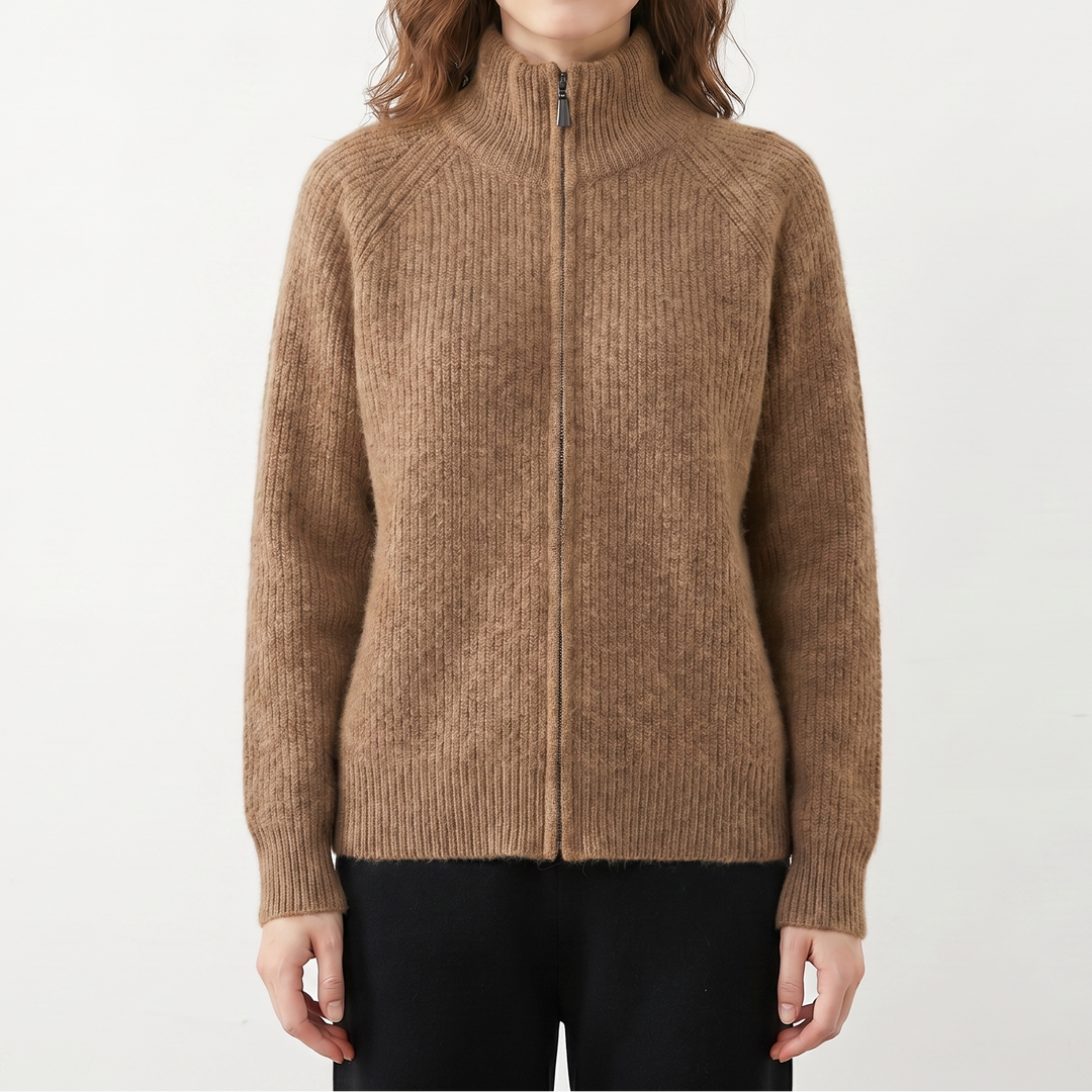 Women's Fluffy Cardigan – Ribbed Zip-Up Funnel Neck Knit Fitted