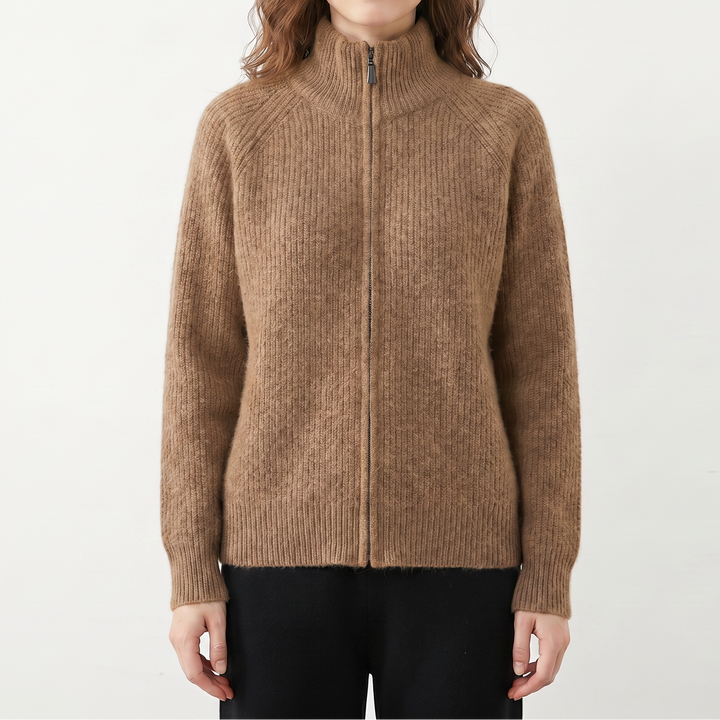 Women's Fluffy Cardigan – Ribbed Zip-Up Funnel Neck Knit Fitted