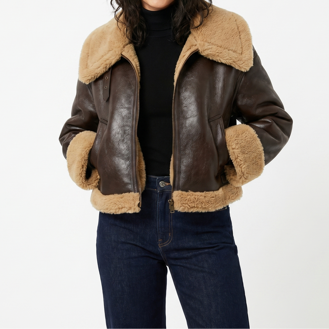 Women's Bomber Jacket – Leather-Look Shearling Trim Contrast Collar