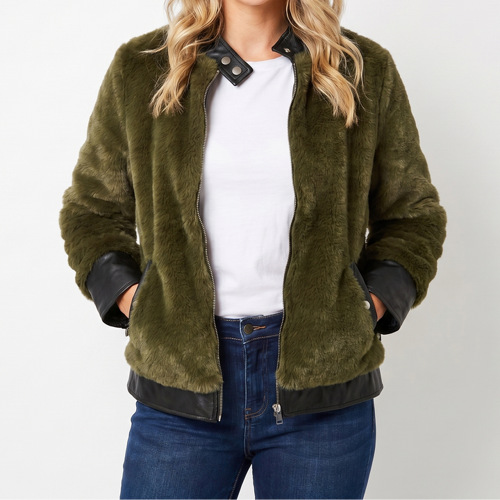 Women's Faux Fur Bomber Jacket – Leather-Look Contrast Trim Cropped