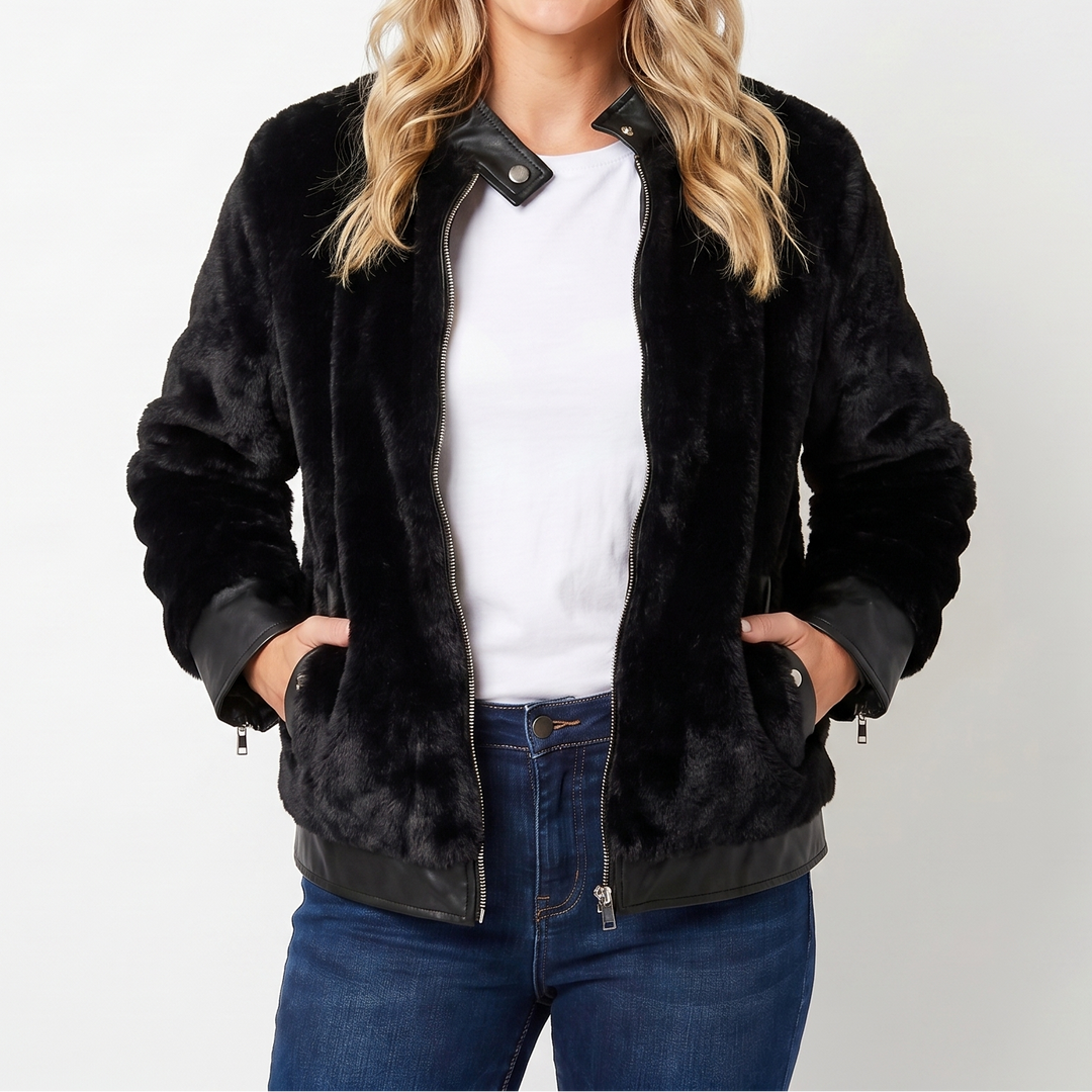 Women's Faux Fur Bomber Jacket – Leather-Look Contrast Trim Cropped