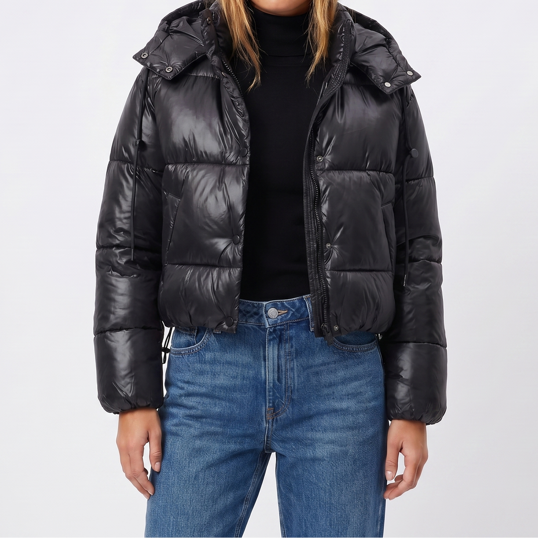 Women's Puffer Jacket – Cropped Hooded Glossy Shell Box Quilt