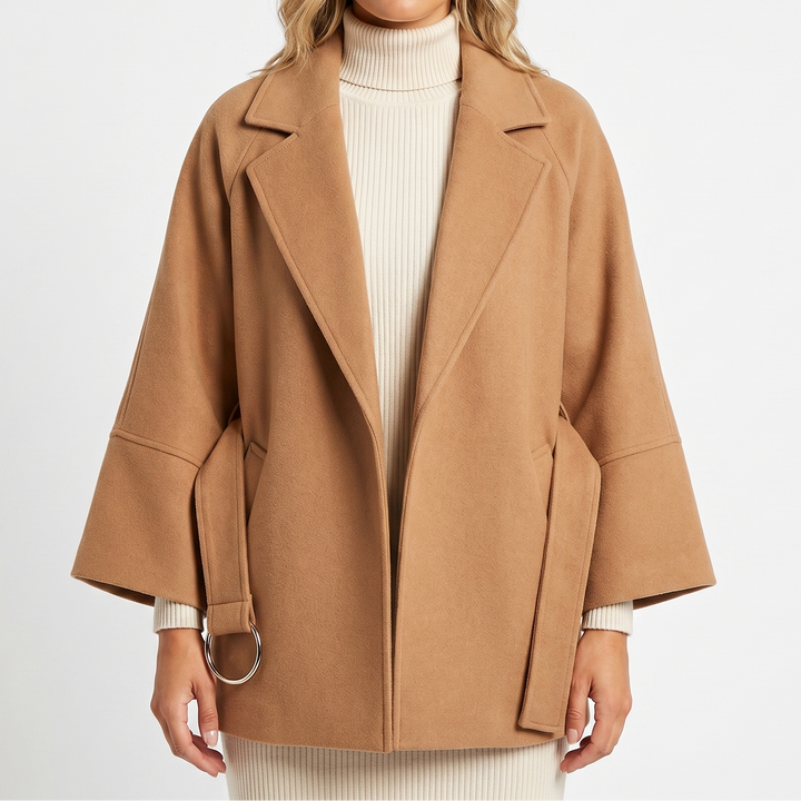 Women's Wool-Look Jacket – Oversized Belted D-Ring Wide Sleeve Crop